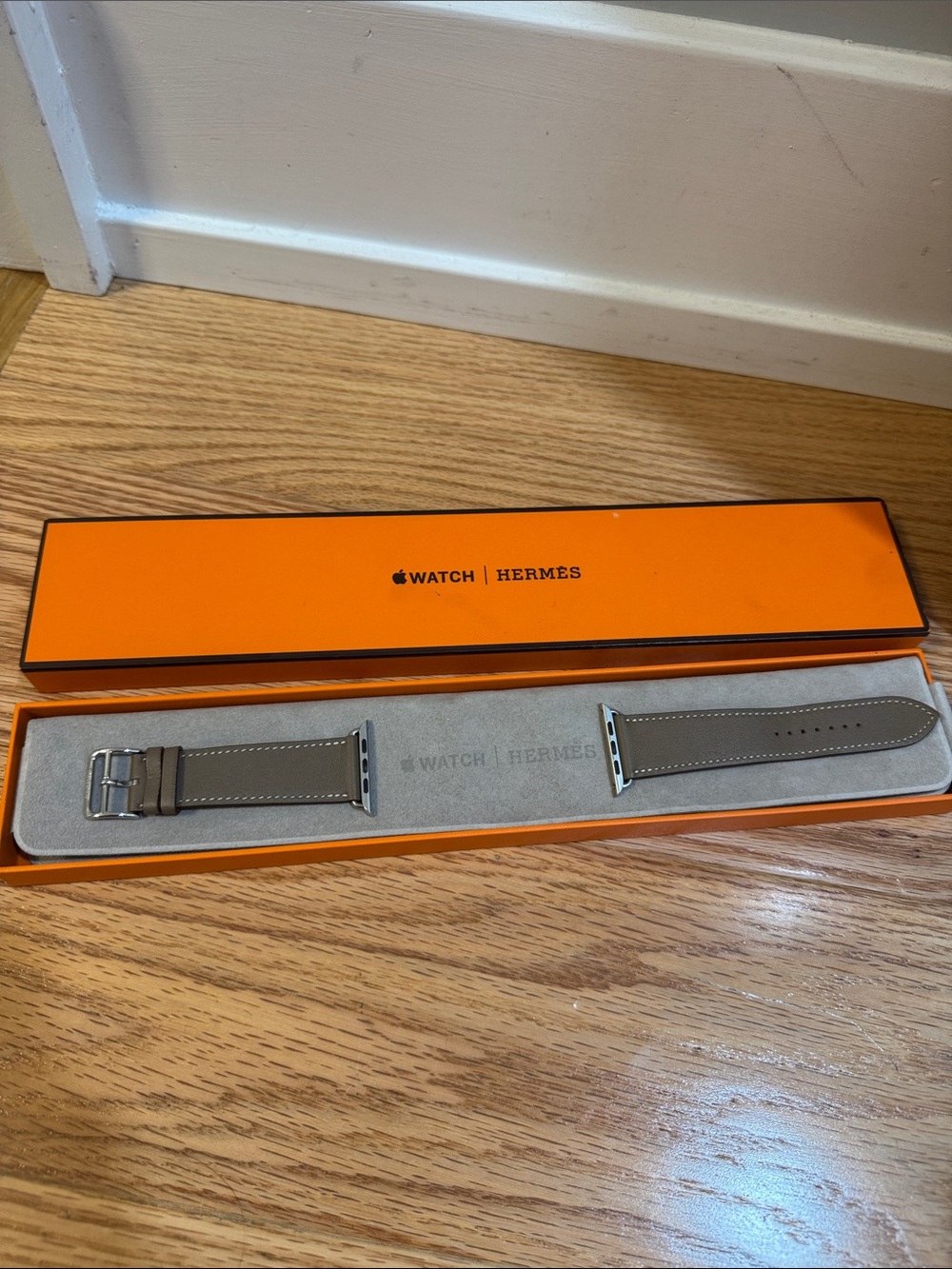 Hermes Taupe Leather Apple Watch Strap with Silver Hardware